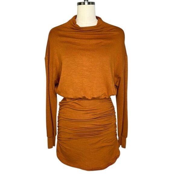 Anthropologie Daily Practice Burnt Orange Ruched Long Sleeve Mini Dress | M - Picture 4 of 10
